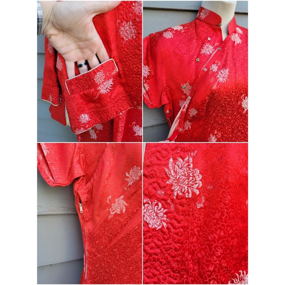 Vintage Silk Brocade Cheongsam Qipao Dress & Jacket Set Red White Small